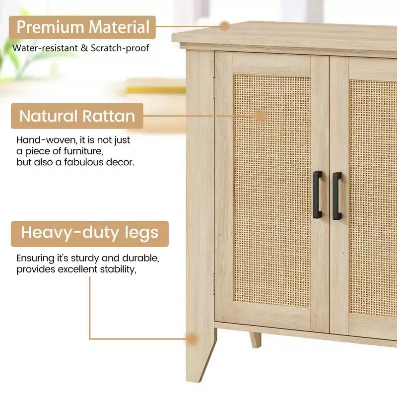 Bahut de cuisine, Meuble de rangement en rotin avec portes et étagères, Commode d'appoint en bois