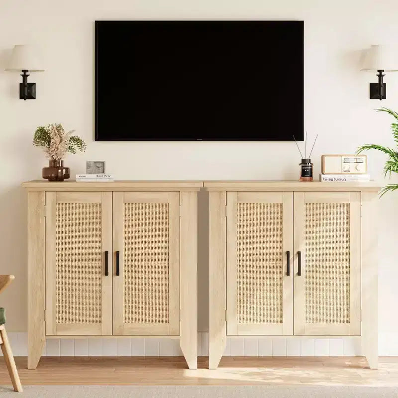 Bahut de cuisine, Meuble de rangement en rotin avec portes et étagères, Commode d'appoint en bois