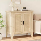 Bahut de cuisine, Meuble de rangement en rotin avec portes et étagères, Commode d'appoint en bois