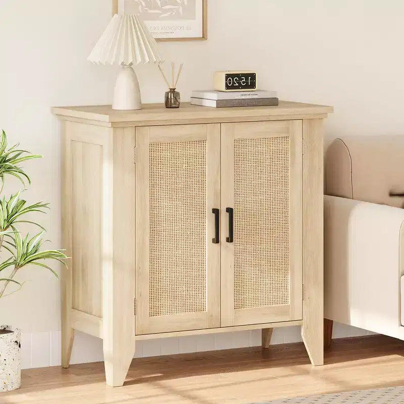 Bahut de cuisine, Meuble de rangement en rotin avec portes et étagères, Commode d'appoint en bois