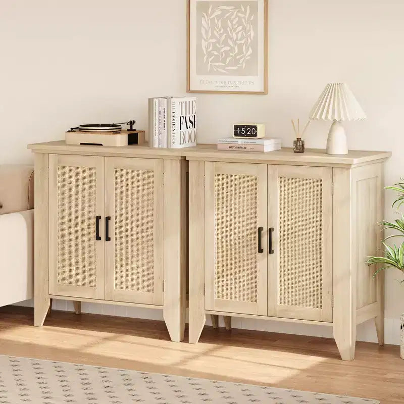 Bahut de cuisine, Meuble de rangement en rotin avec portes et étagères, Commode d'appoint en bois