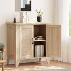 Bahut de cuisine, Meuble de rangement en rotin avec portes et étagères, Commode d'appoint en bois