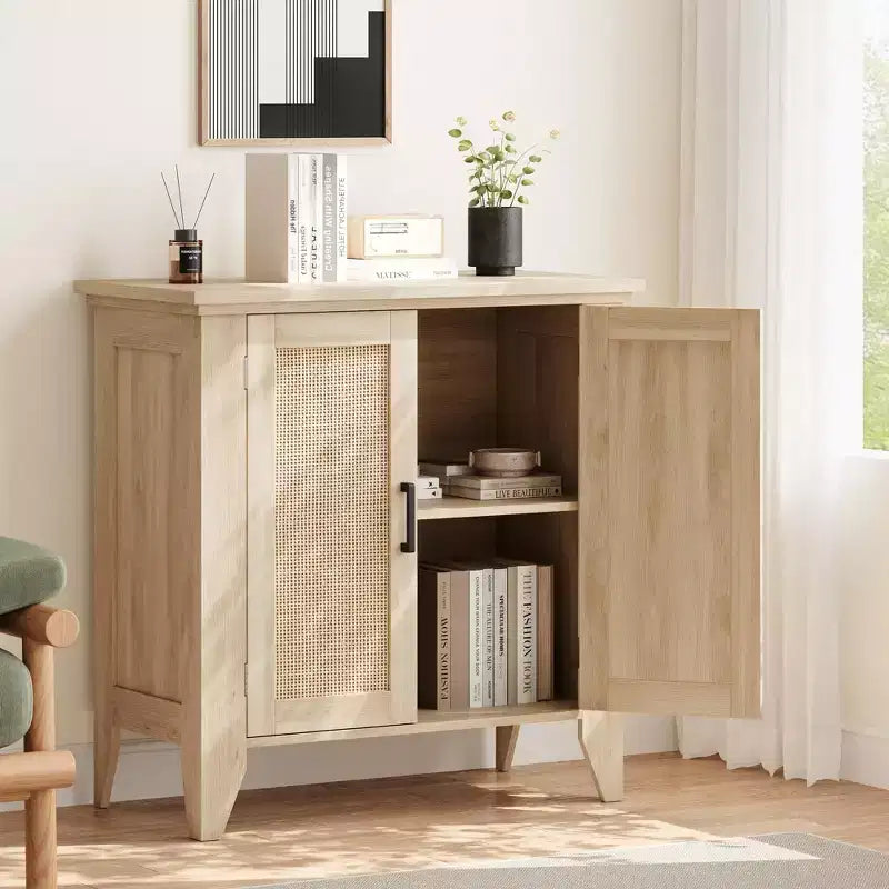 Bahut de cuisine, Meuble de rangement en rotin avec portes et étagères, Commode d'appoint en bois