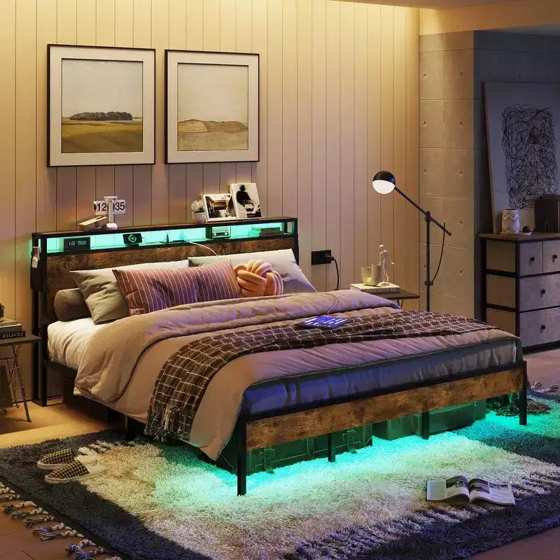 Cadre de lit King Size Bestier, plateforme de lit en métal avec tête de lit de rangement en bois, lumières LED et station de recharge