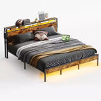 Cadre de lit King Size Bestier, plateforme de lit en métal avec tête de lit de rangement en bois, lumières LED et station de recharge