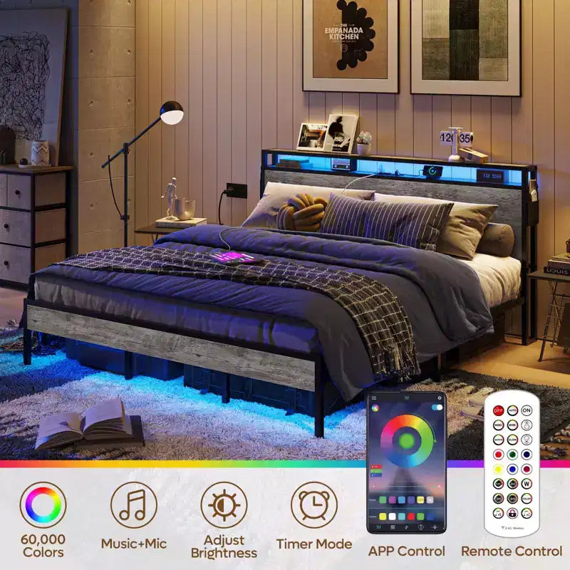Cadre de lit King Size Bestier, plateforme de lit en métal avec tête de lit de rangement en bois, lumières LED et station de recharge