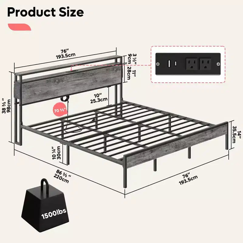 Cadre de lit King Size Bestier, plateforme de lit en métal avec tête de lit de rangement en bois, lumières LED et station de recharge