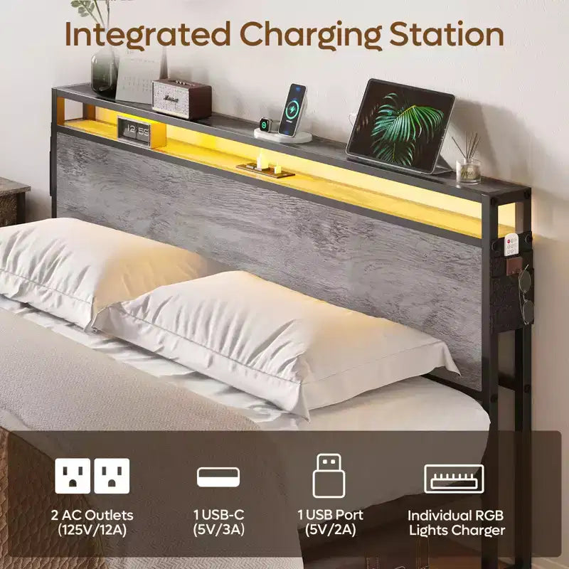Cadre de lit King Size Bestier, plateforme de lit en métal avec tête de lit de rangement en bois, lumières LED et station de recharge