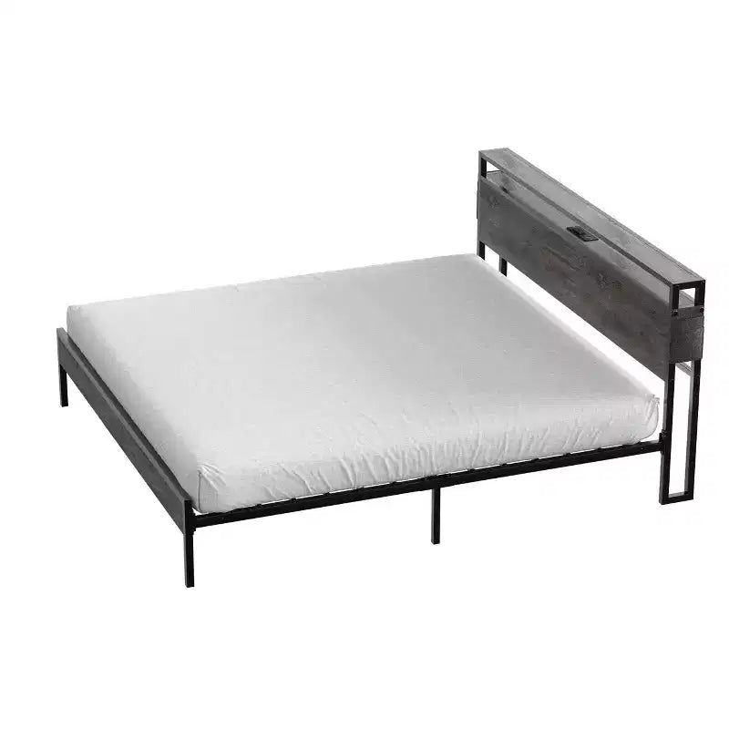 Cadre de lit King Size Bestier, plateforme de lit en métal avec tête de lit de rangement en bois, lumières LED et station de recharge