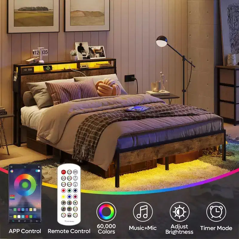 Cadre de lit King Size Bestier, plateforme de lit en métal avec tête de lit de rangement en bois, lumières LED et station de recharge