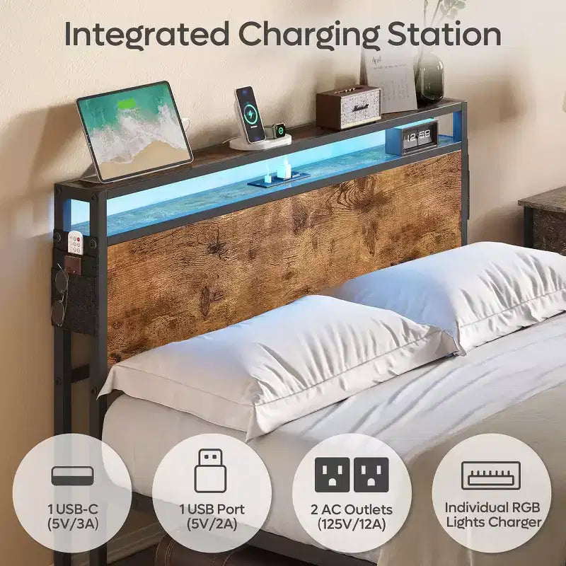 Cadre de lit King Size Bestier, plateforme de lit en métal avec tête de lit de rangement en bois, lumières LED et station de recharge