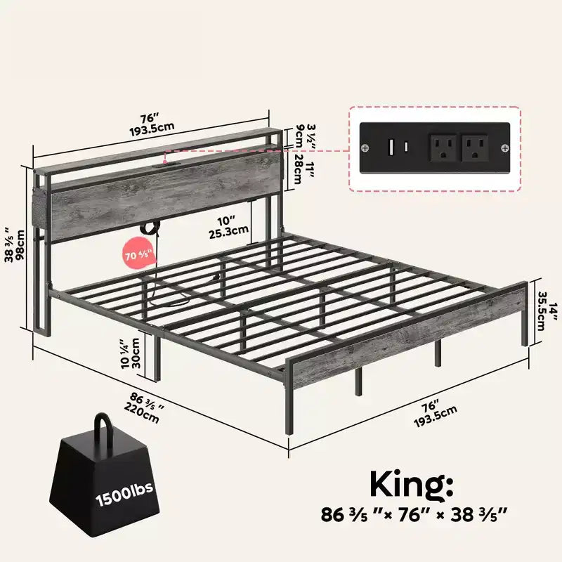 Cadre de lit King Size Bestier, plateforme de lit en métal avec tête de lit de rangement en bois, lumières LED et station de recharge