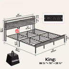 Cadre de lit King Size Bestier, plateforme de lit en métal avec tête de lit de rangement en bois, lumières LED et station de recharge