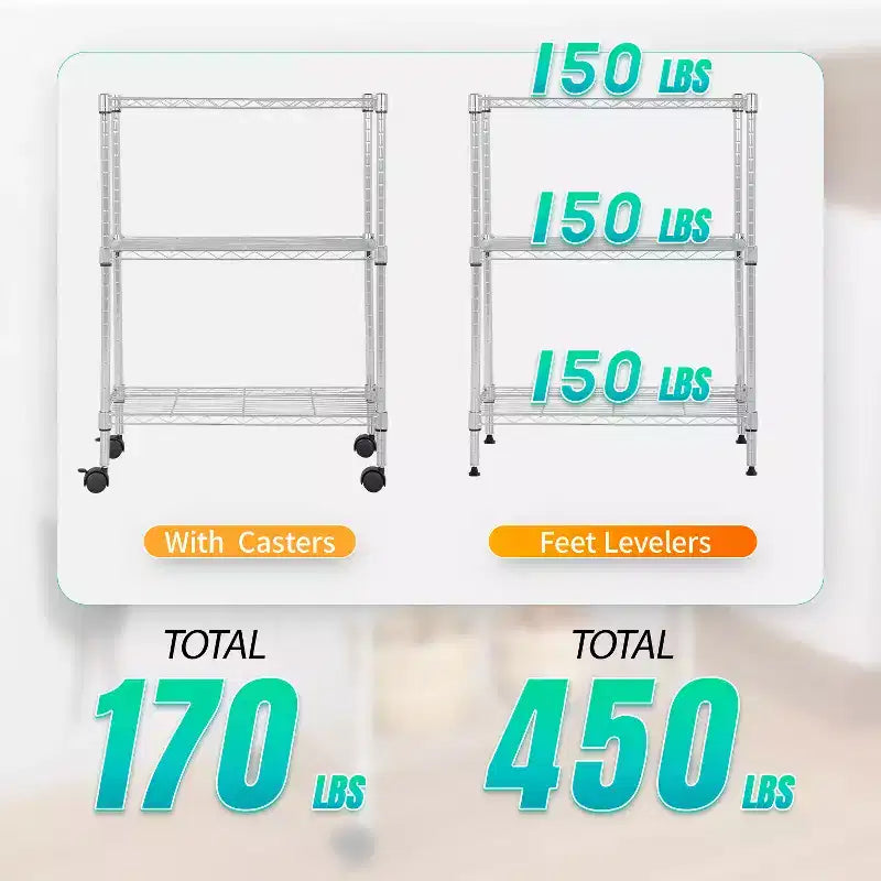 Meuble de rangement pour garde-manger à 3 niveaux BestMassage avec certification NSF et roulettes, conception peu encombrante, pieds réglables