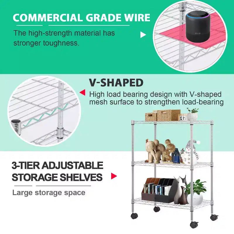 Meuble de rangement pour garde-manger à 3 niveaux BestMassage avec certification NSF et roulettes, conception peu encombrante, pieds réglables