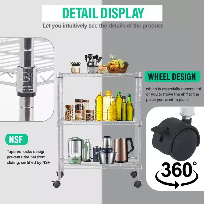 Meuble de rangement pour garde-manger à 3 niveaux BestMassage avec certification NSF et roulettes, conception peu encombrante, pieds réglables