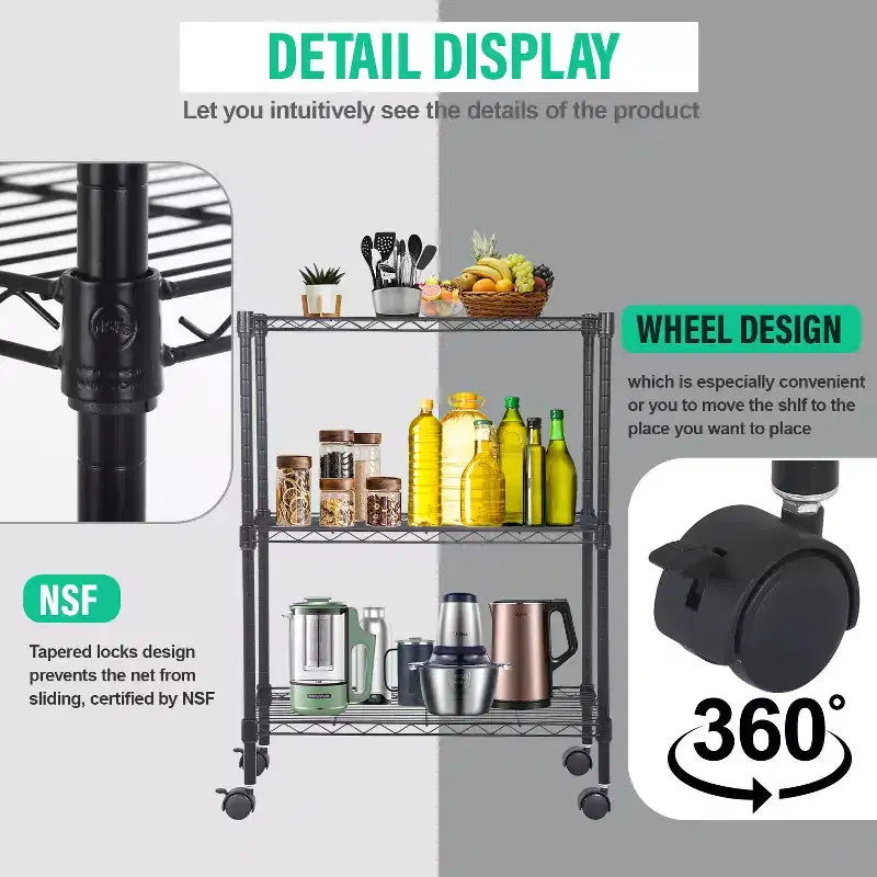 Meuble de rangement pour garde-manger à 3 niveaux BestMassage avec certification NSF et roulettes, conception peu encombrante, pieds réglables
