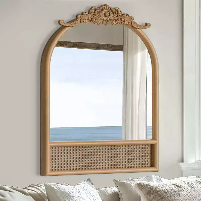 Miroir mural PexFix Classic, avec cadre en bois sculpté en arc et fond en rotin
