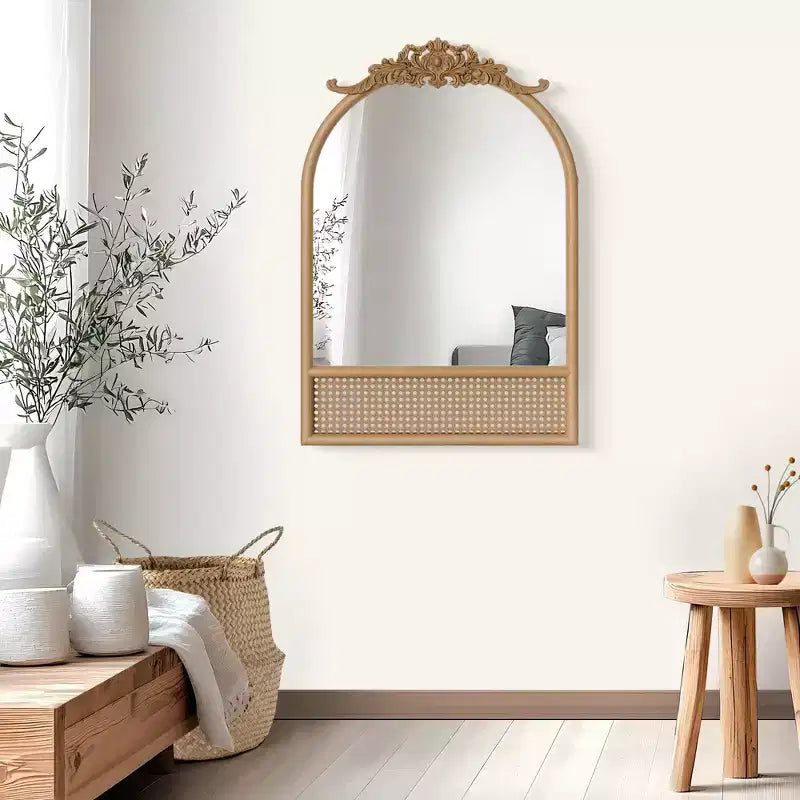 Miroir mural PexFix Classic, avec cadre en bois sculpté en arc et fond en rotin