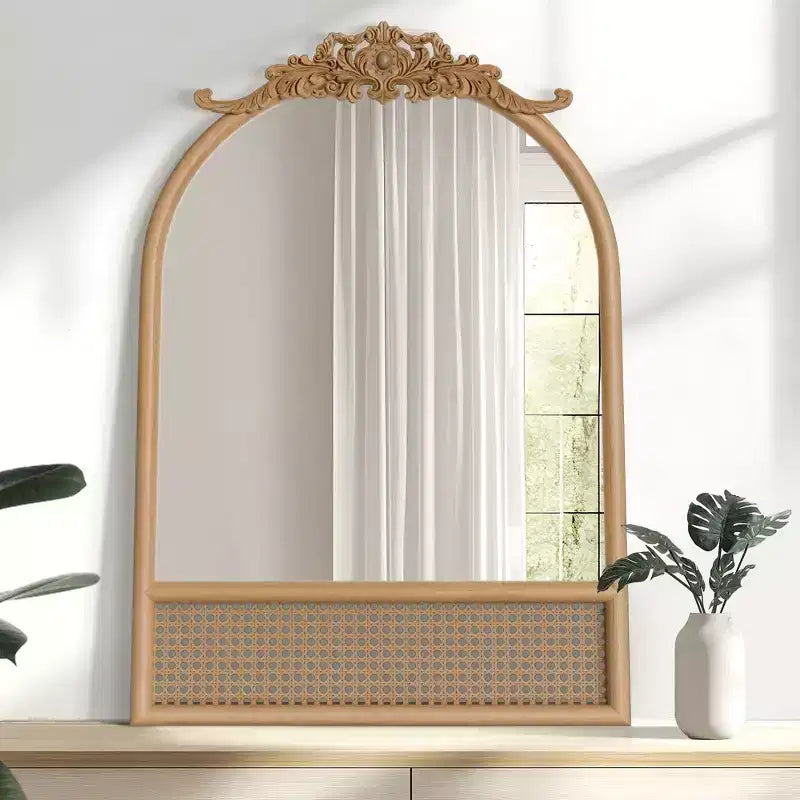 Miroir mural PexFix Classic, avec cadre en bois sculpté en arc et fond en rotin