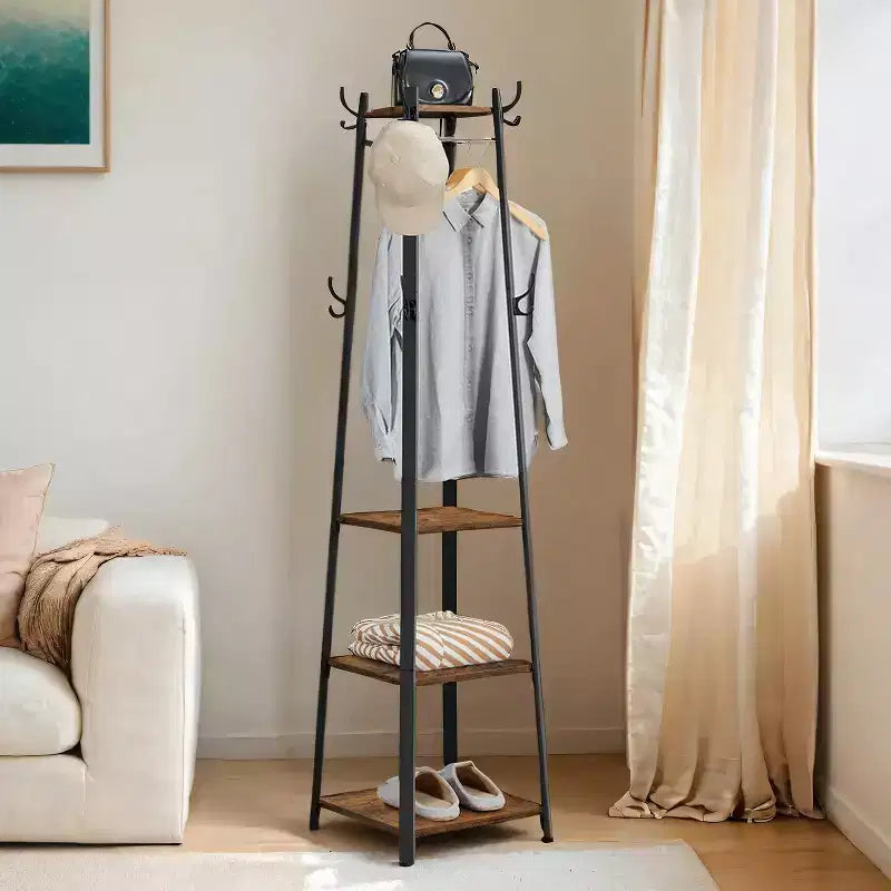Porte-manteau de style industriel avec 3 étagères et crochets - Solution de rangement élégante pour l'entrée pour manteaux, sacs et accessoires