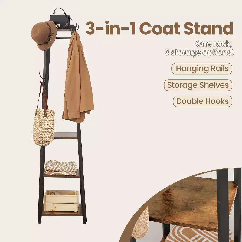 Porte-manteau de style industriel avec 3 étagères et crochets - Solution de rangement élégante pour l'entrée pour manteaux, sacs et accessoires