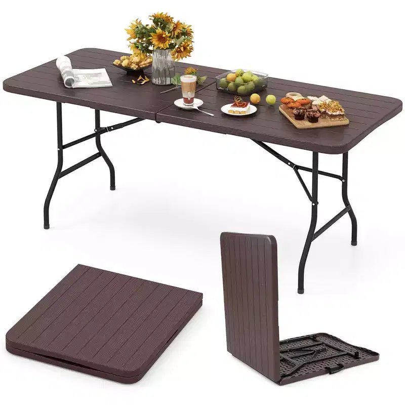 Table pliante portable Costway 6 pi avec plateau en PEHD aspect bois, mécanisme de verrouillage sécurisé, gris/marron