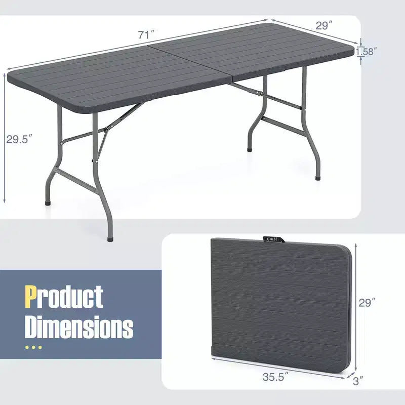 Table pliante portable Costway 6 pi avec plateau en PEHD aspect bois, mécanisme de verrouillage sécurisé, gris/marron