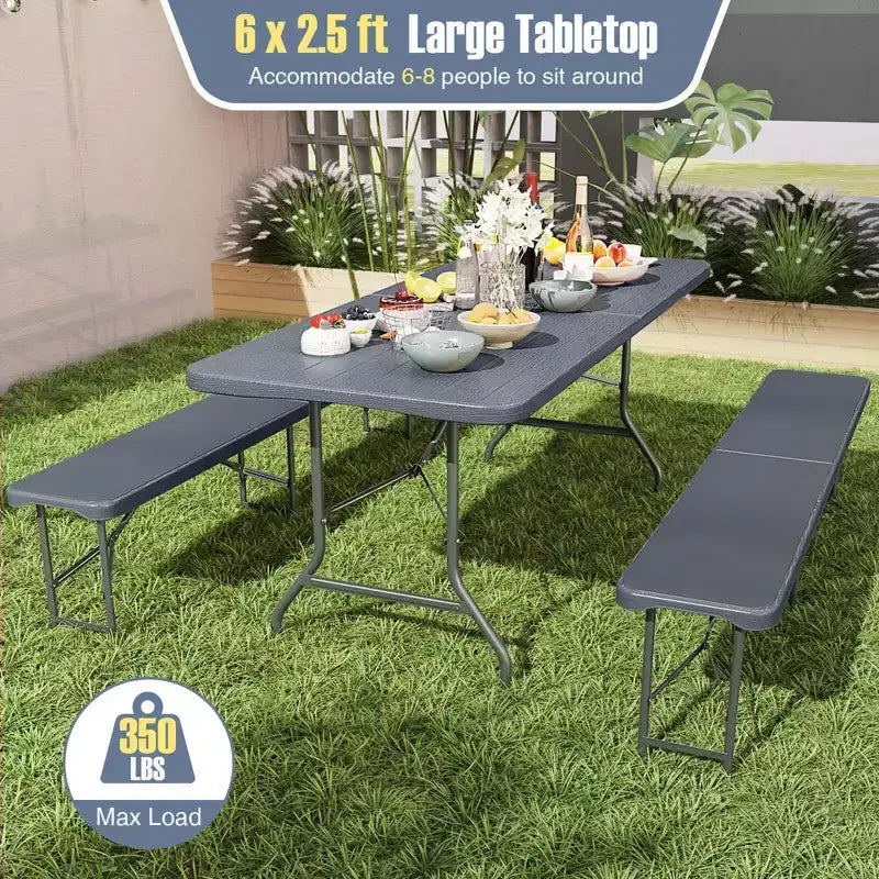 Table pliante portable Costway 6 pi avec plateau en PEHD aspect bois, mécanisme de verrouillage sécurisé, gris/marron