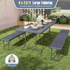 Table pliante portable Costway 6 pi avec plateau en PEHD aspect bois, mécanisme de verrouillage sécurisé, gris/marron