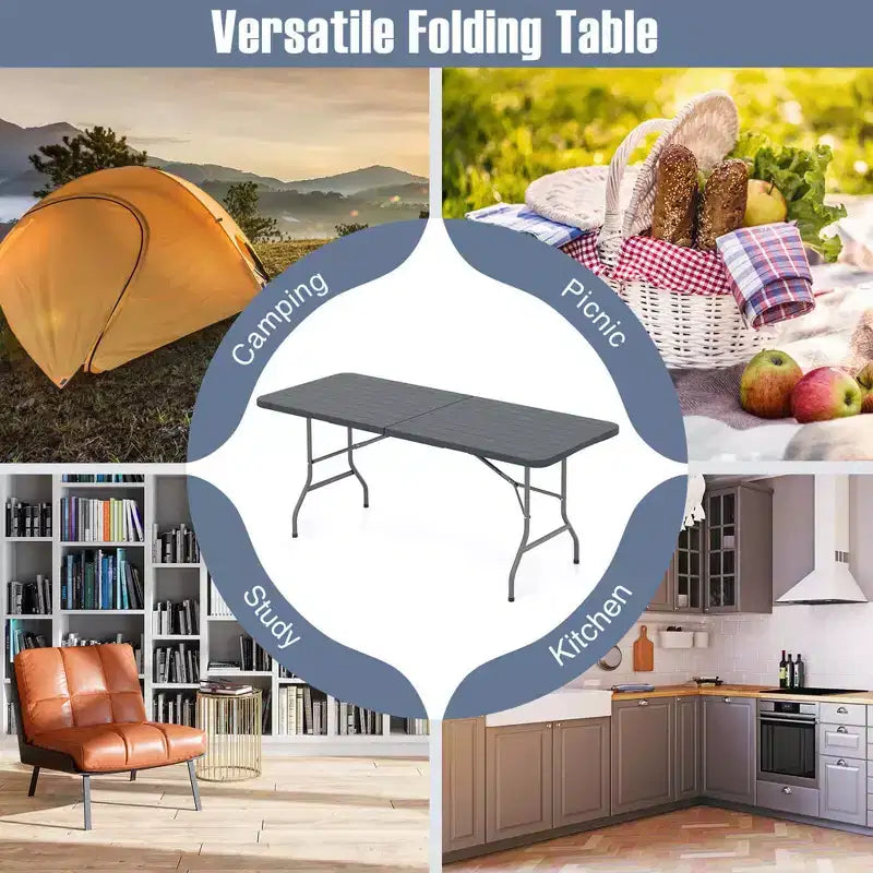 Table pliante portable Costway 6 pi avec plateau en PEHD aspect bois, mécanisme de verrouillage sécurisé, gris/marron