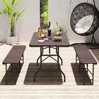 Table pliante portable Costway 6 pi avec plateau en PEHD aspect bois, mécanisme de verrouillage sécurisé, gris/marron
