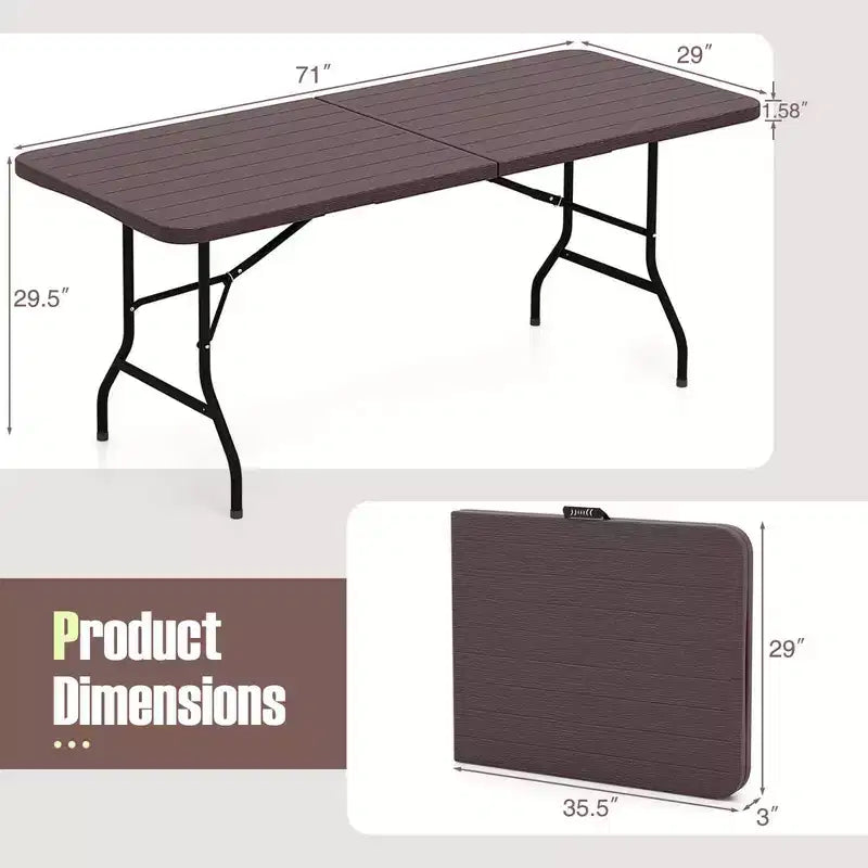Table pliante portable Costway 6 pi avec plateau en PEHD aspect bois, mécanisme de verrouillage sécurisé, gris/marron