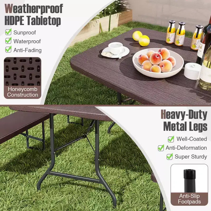 Table pliante portable Costway 6 pi avec plateau en PEHD aspect bois, mécanisme de verrouillage sécurisé, gris/marron