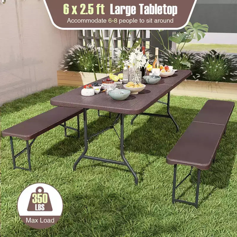 Table pliante portable Costway 6 pi avec plateau en PEHD aspect bois, mécanisme de verrouillage sécurisé, gris/marron