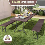 Table pliante portable Costway 6 pi avec plateau en PEHD aspect bois, mécanisme de verrouillage sécurisé, gris/marron