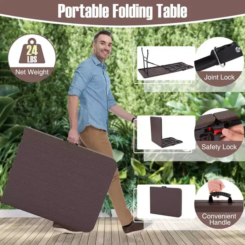 Table pliante portable Costway 6 pi avec plateau en PEHD aspect bois, mécanisme de verrouillage sécurisé, gris/marron