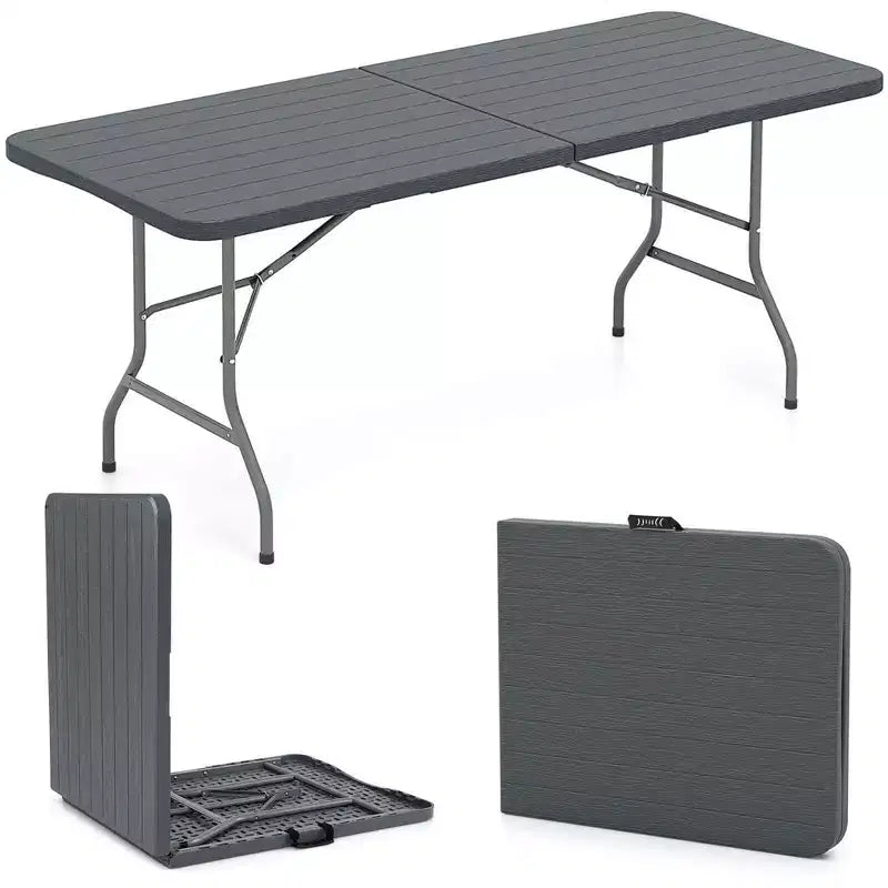 Table pliante portable Costway 6 pi avec plateau en PEHD aspect bois, mécanisme de verrouillage sécurisé, gris/marron