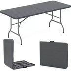 Table pliante portable Costway 6 pi avec plateau en PEHD aspect bois, mécanisme de verrouillage sécurisé, gris/marron