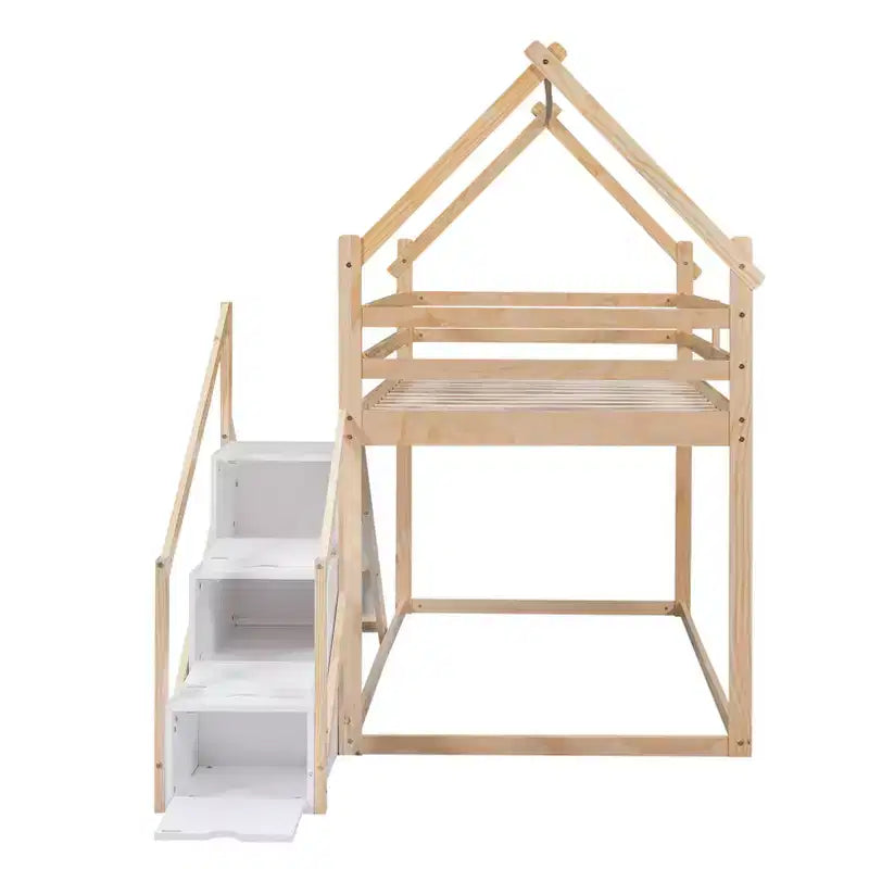 Lit superposé maison jumeau sur jumeau avec toboggan et escalier - ModernLuxe