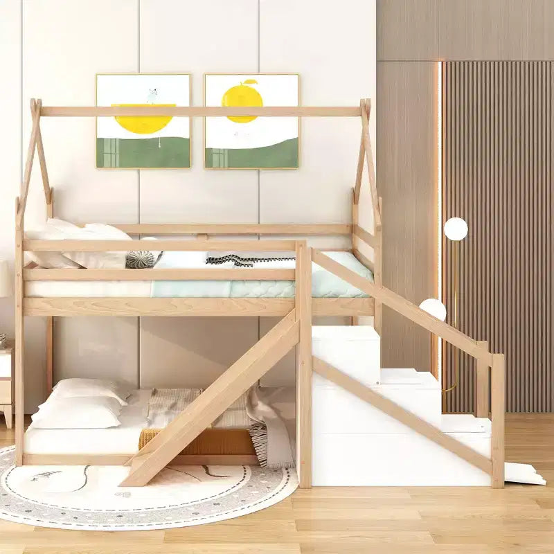 Lit superposé maison jumeau sur jumeau avec toboggan et escalier - ModernLuxe