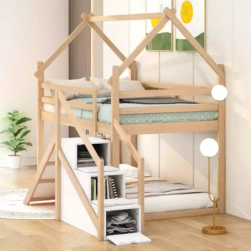 Lit superposé maison jumeau sur jumeau avec toboggan et escalier - ModernLuxe