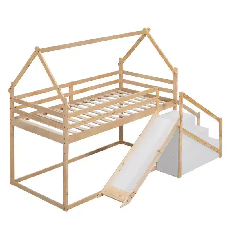 Lit superposé maison jumeau sur jumeau avec toboggan et escalier - ModernLuxe
