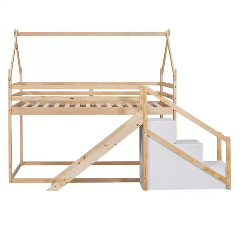 Lit superposé maison jumeau sur jumeau avec toboggan et escalier - ModernLuxe