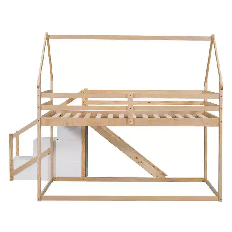 Lit superposé maison jumeau sur jumeau avec toboggan et escalier - ModernLuxe