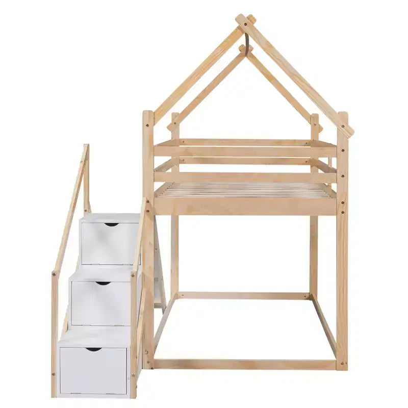 Lit superposé maison jumeau sur jumeau avec toboggan et escalier - ModernLuxe
