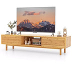 Meuble TV Costway 63 en bambou avec 3 compartiments de rangement, portes coulissantes et armoire de rangement de style milieu du siècle