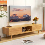 Meuble TV Costway 63 en bambou avec 3 compartiments de rangement, portes coulissantes et armoire de rangement de style milieu du siècle