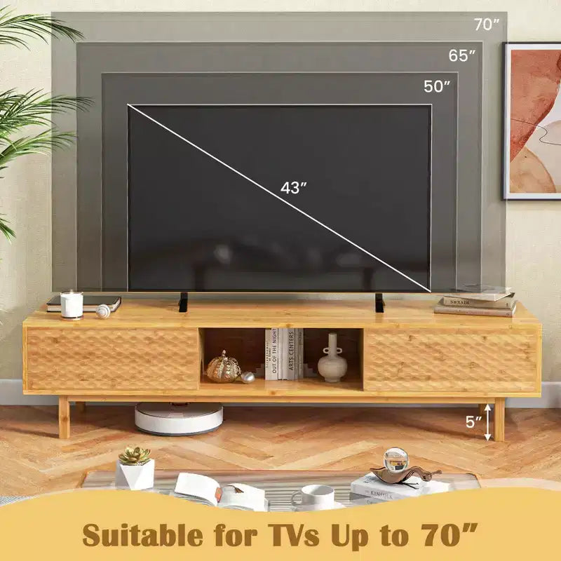 Meuble TV Costway 63 en bambou avec 3 compartiments de rangement, portes coulissantes et armoire de rangement de style milieu du siècle