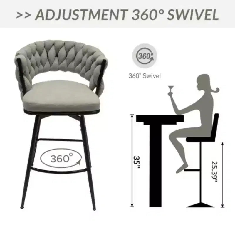 Lot de 2 tabourets de bar pivotants en lin tissé avec dossier et repose-pieds inclus, chaises de cuisine non réglables